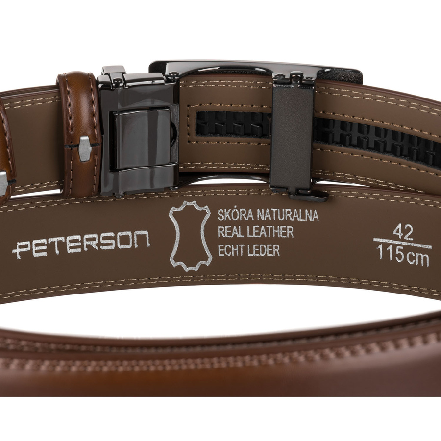 Brązowy pasek męski z automatyczną klamrą wykonany ze skóry naturalnej - Peterson