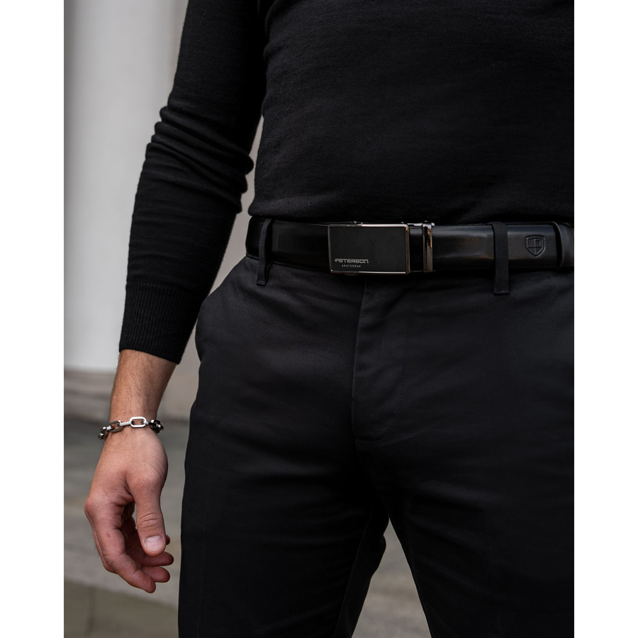 Skórzany, szeroki pasek męski z klamrą automatyczną - Peterson