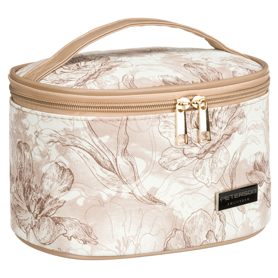Lekka, beżowa kosmetyczka-kuferek na kosmetyki pokryta roślinnym wzorem - Peterson