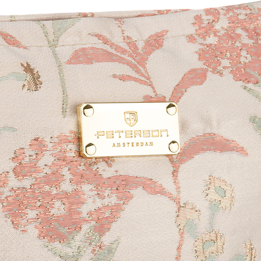 Kosmetyczka z materiału syntetycznego w różowo-beżowym kolorze zdobiona kwiatami - Peterson