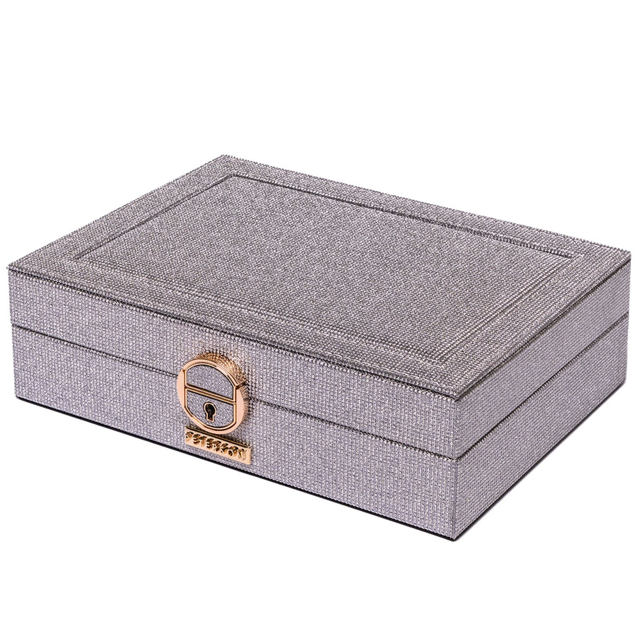 Srebrna szkatułka na biżuterię z dedykowanym miejscem na zegarek, zamykana kluczykiem i zatrzaskiem - Peterson
