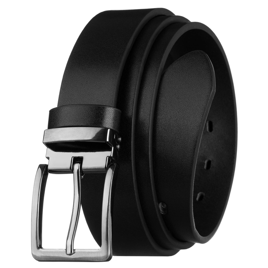 Pasek męski ze skóry ekologicznej w czarnym kolorze, zakończony srebrną, klasyczną klamrą