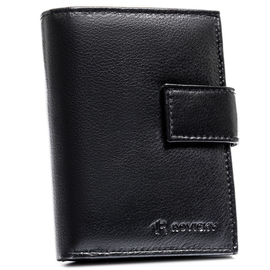 Duży portfel męski ze skóry naturalnej w czarnym kolorze, mieszczący dowód rejestracyjny i zamykany na zatrzask - Rovicky