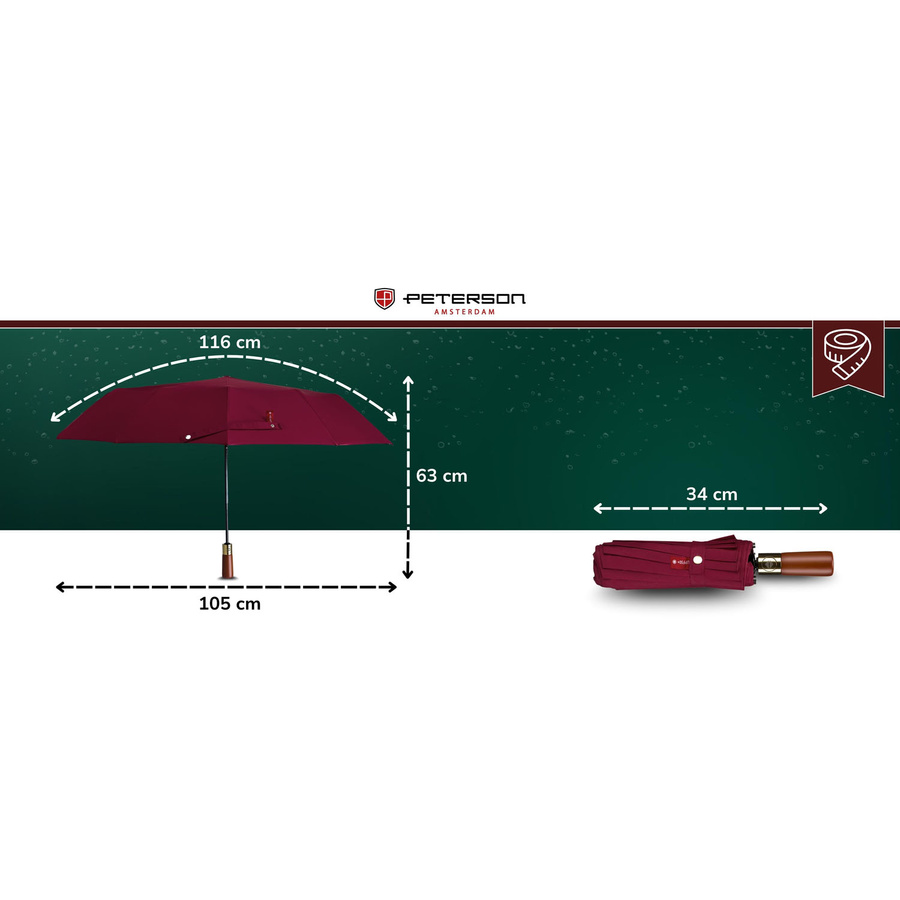 Duży, elegancki i składany parasol w burgundowym kolorze - Peterson
