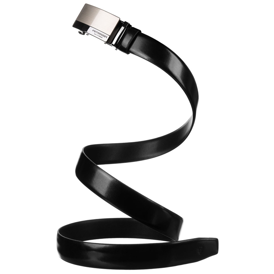 Męski pasek skórzany w czarnym kolorze z automatyczną, srebrną klamrą - Peterson