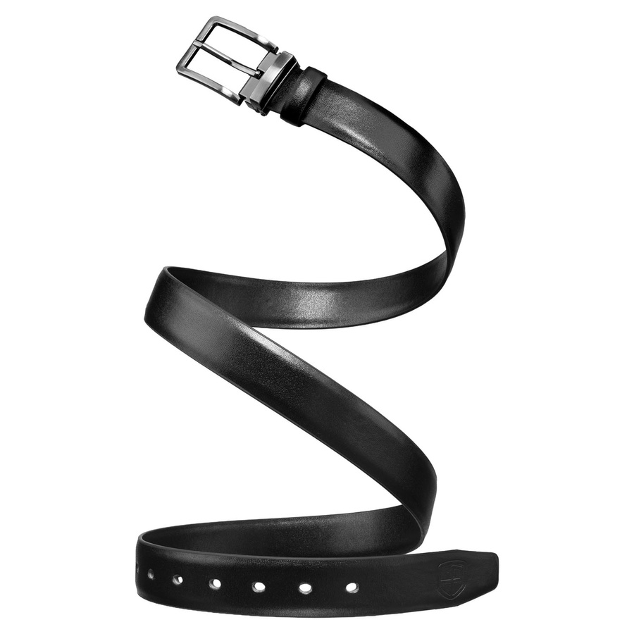 Czarny pasek męski ze skóry ekologicznej z tradycyjną, srebrną klamrą - Peterson