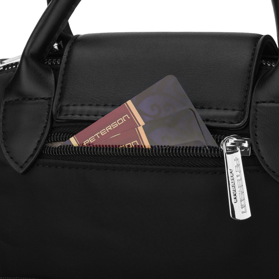 Czarna listonoszka damska z poliestru zawieszona na szerokim pasku i poręcznych uchwytach - Peterson