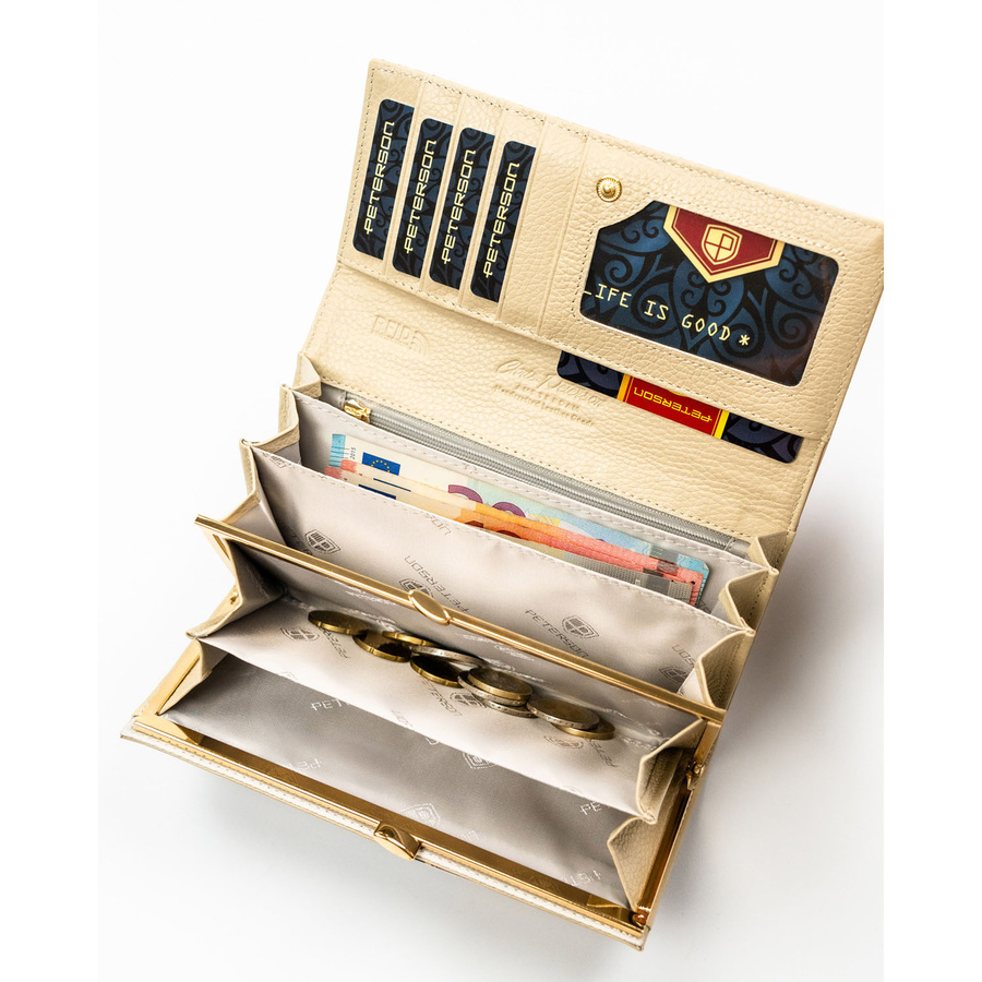 Beżowy portfel damski ze skóry naturalnej i ekologicznej w pleciony wzór - Peterson