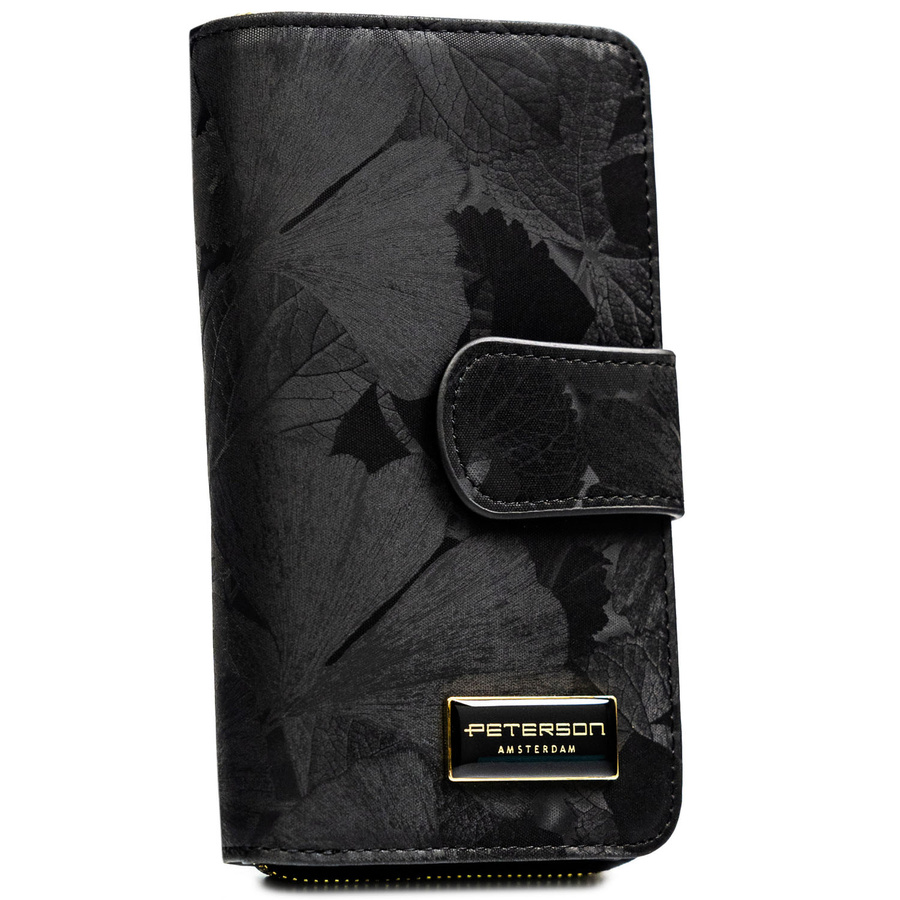 Duży, czarny portfel w orientacji pionowej wykonany ze skóry naturalnej i ekologicznej w czarnym kolorze - Peterson