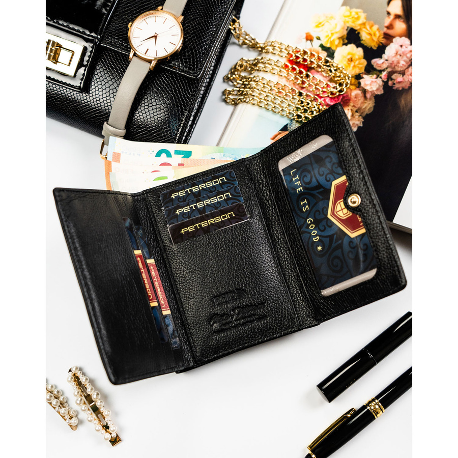 Elegancki portfel damski ze skóry naturalnej i ekologicznej w czarnym kolorze - Peterson
