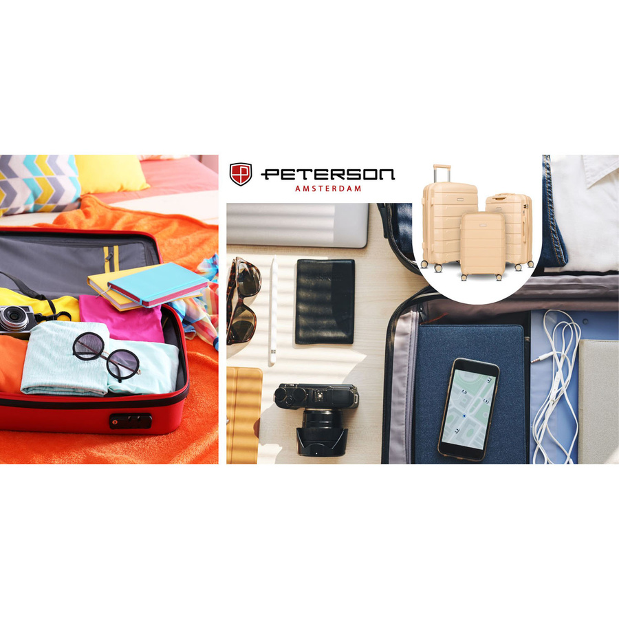 Beżowa, mała walizka kabinowa z polipropylenu z wysuwaną, teleskopową rączką - Peterson