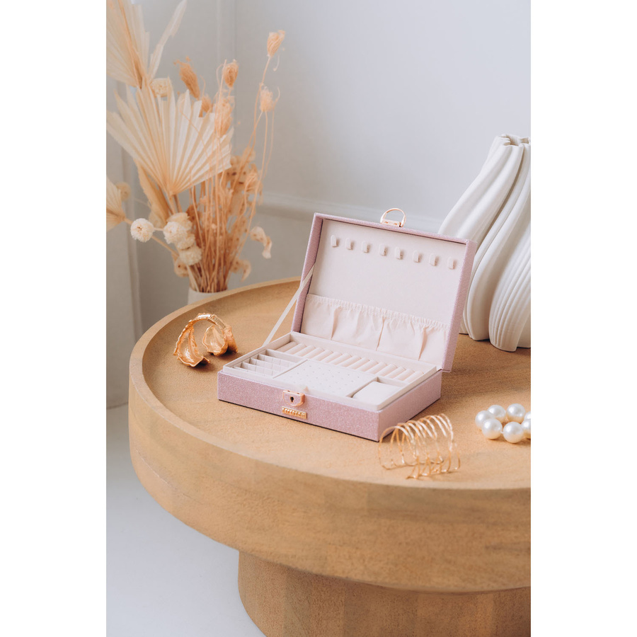 Różowa szkatułka na biżuterię z dedykowanym miejscem na zegarek - Peterson