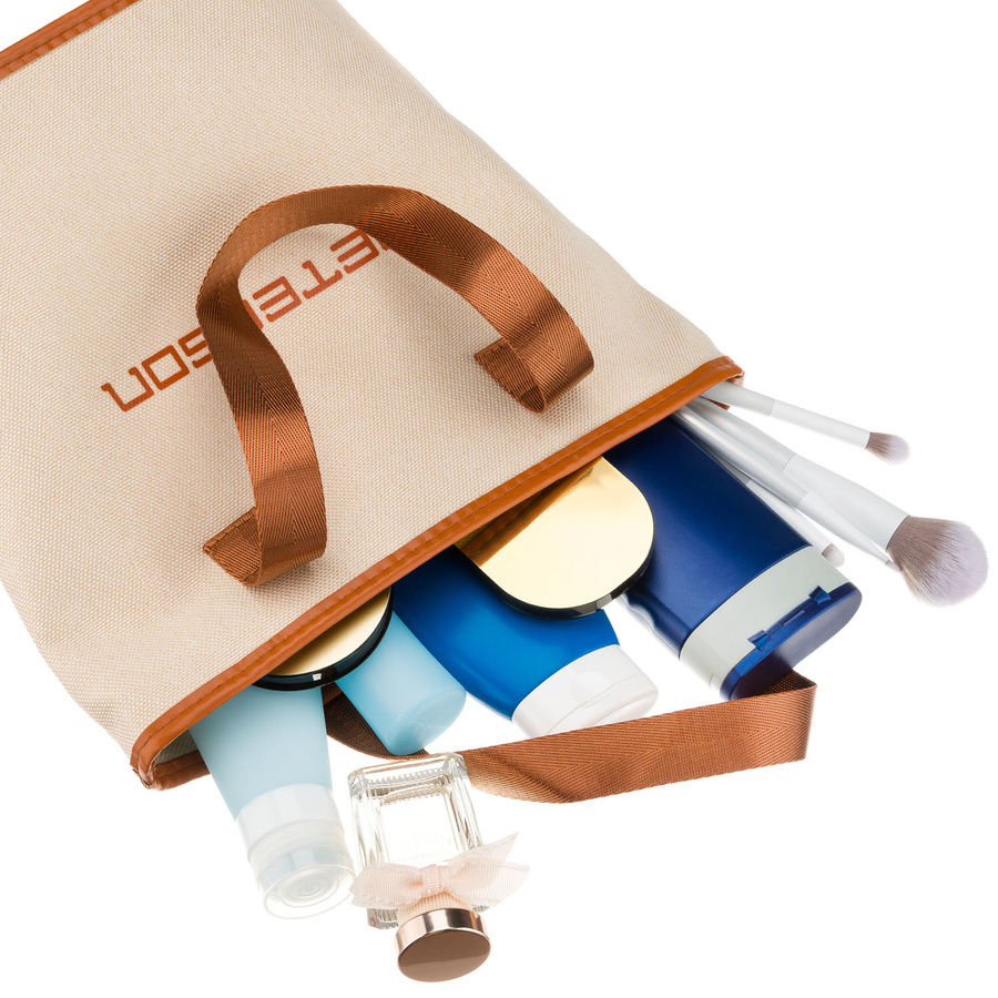 Beżowo-brązowa kosmetyczka z tkaniny syntetycznej zamykana suwakiem - Peterson