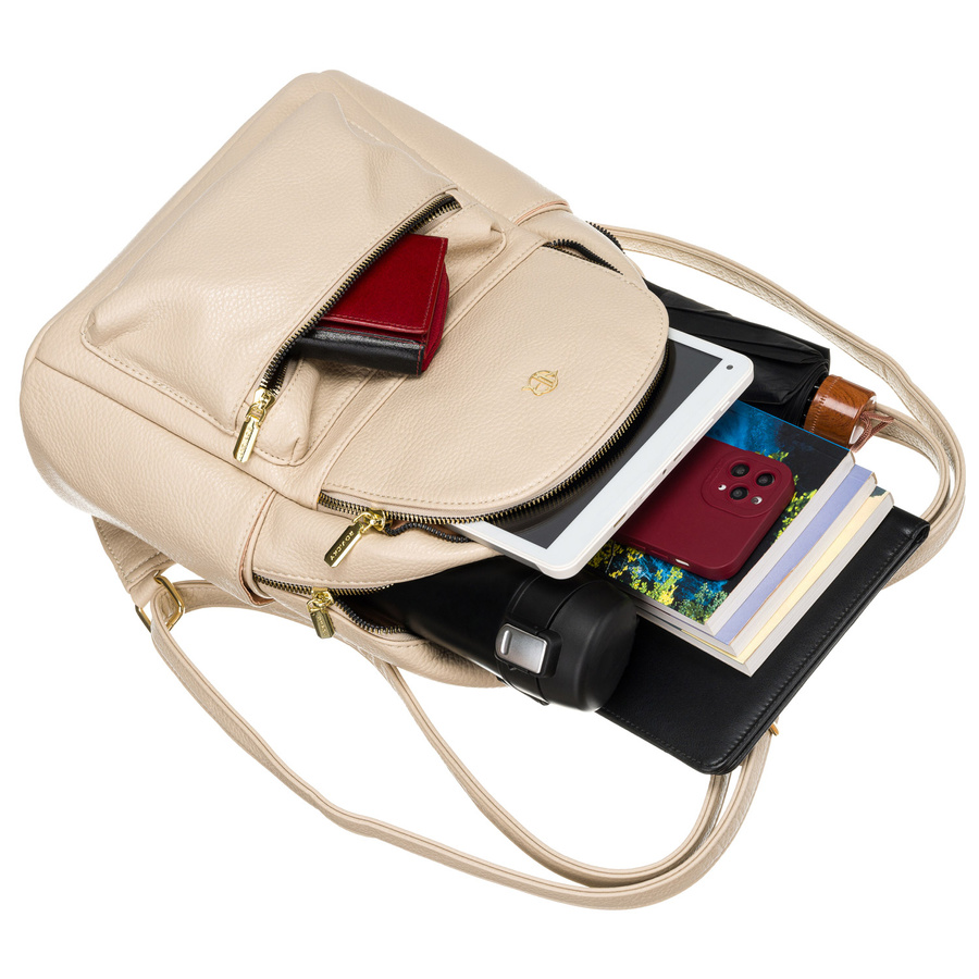 Wygodny plecak beżowy ze złotymi zamkami - Rovicky