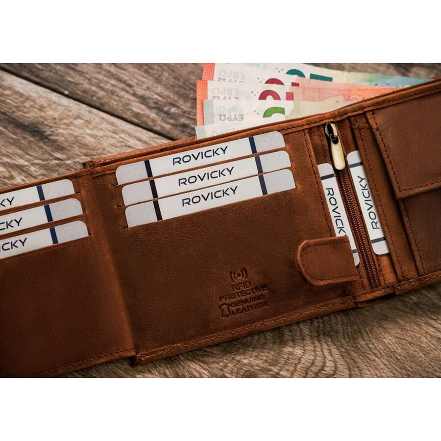 Skórzany, brązowy portfel męski z tłoczeniem na froncie przedstawiającym psa