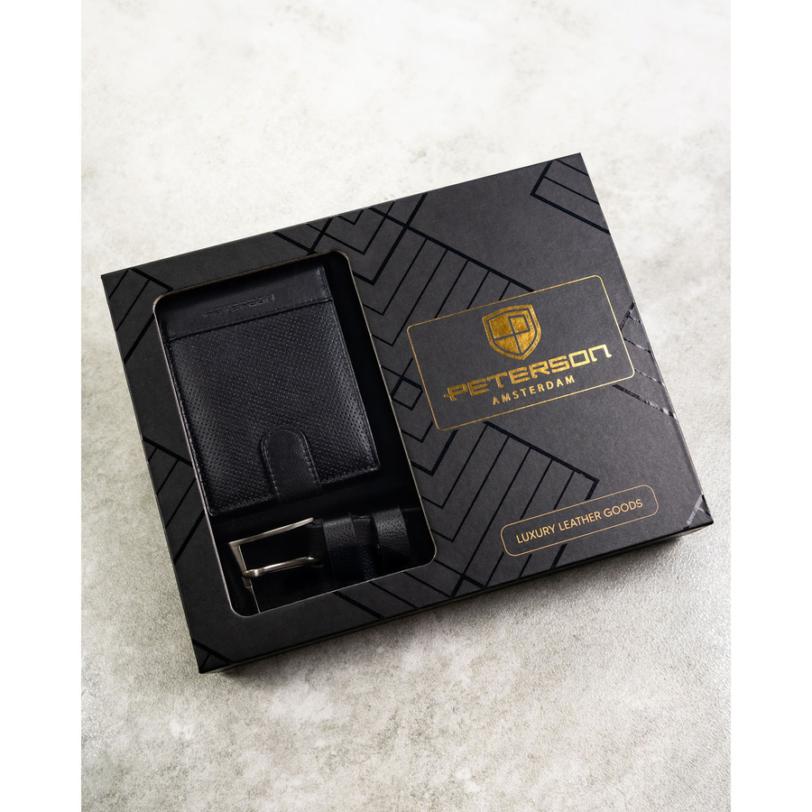 Zestaw prezentowy: skórzany portfel męski w czarnym kolorze zapinany zatrzaskiem i czarny pasek ze skóry ekologicznej - Peterson