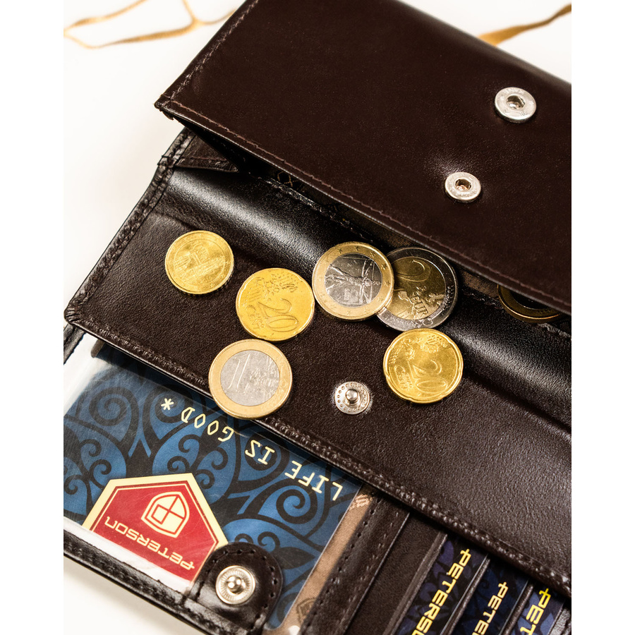 Duży, skórzany portfel damski w brązowym kolorze z systemem RFID - Peterson