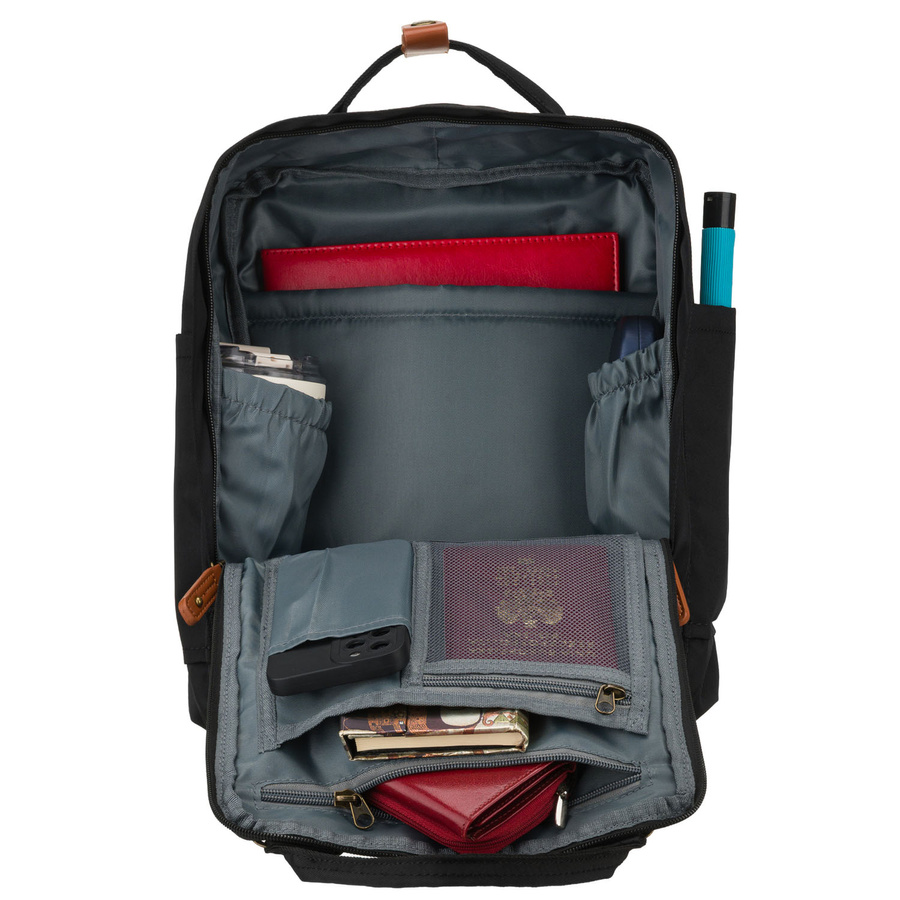 Czarno-brązowy, duży plecak damski wykonany z poliestru i skóry ekologicznej - Peterson