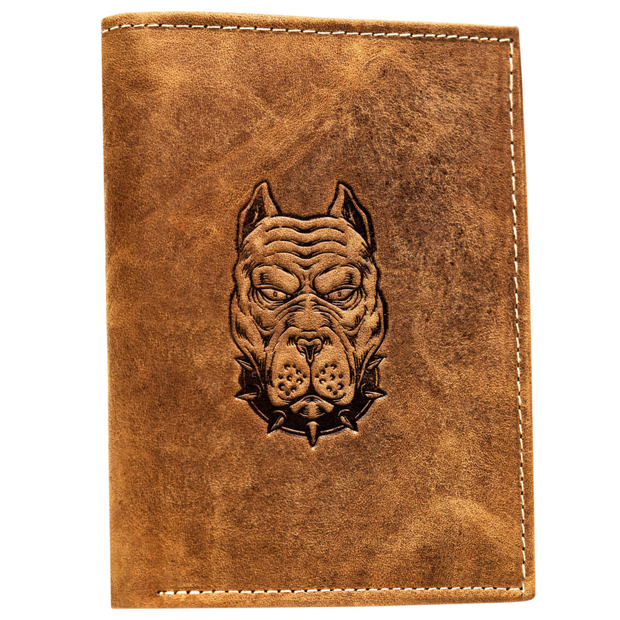 Portfel męski ze skóry naturalnej z tłoczeniem w kształcie głowy psa