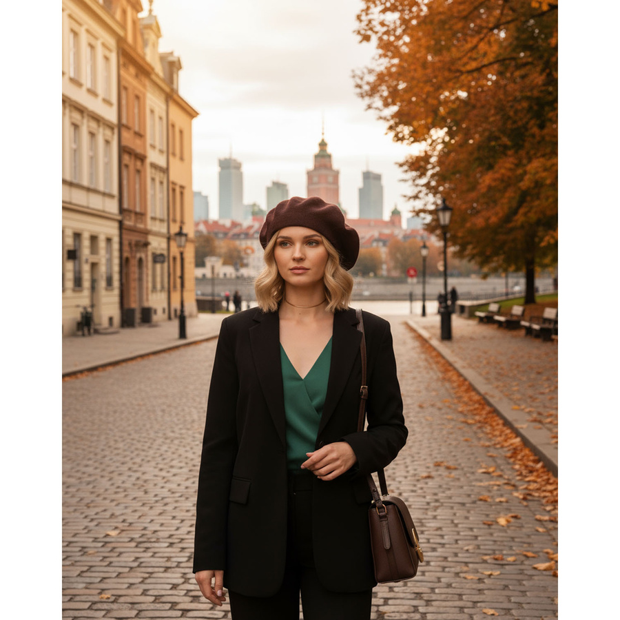 Brązowy, uniwersalny beret damski wykonany z akrylu - Rovicky