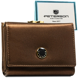 Średniej wielkości portfel damski wykonany ze skóry naturalnej i ekologicznej w brązowym kolorze, zamykany na bigiel i zatrzask - Peterson