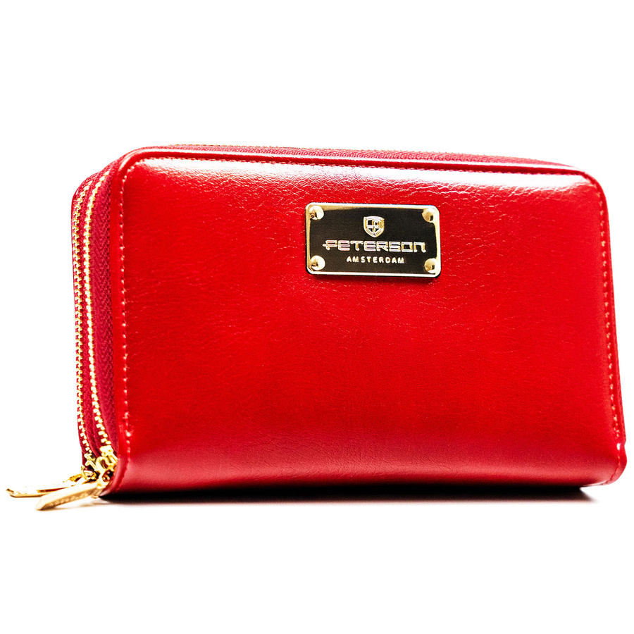 Czerwony portfel damski w typie piórnika ze skóry ekologicznej wyposażony w system RFID - Peterson