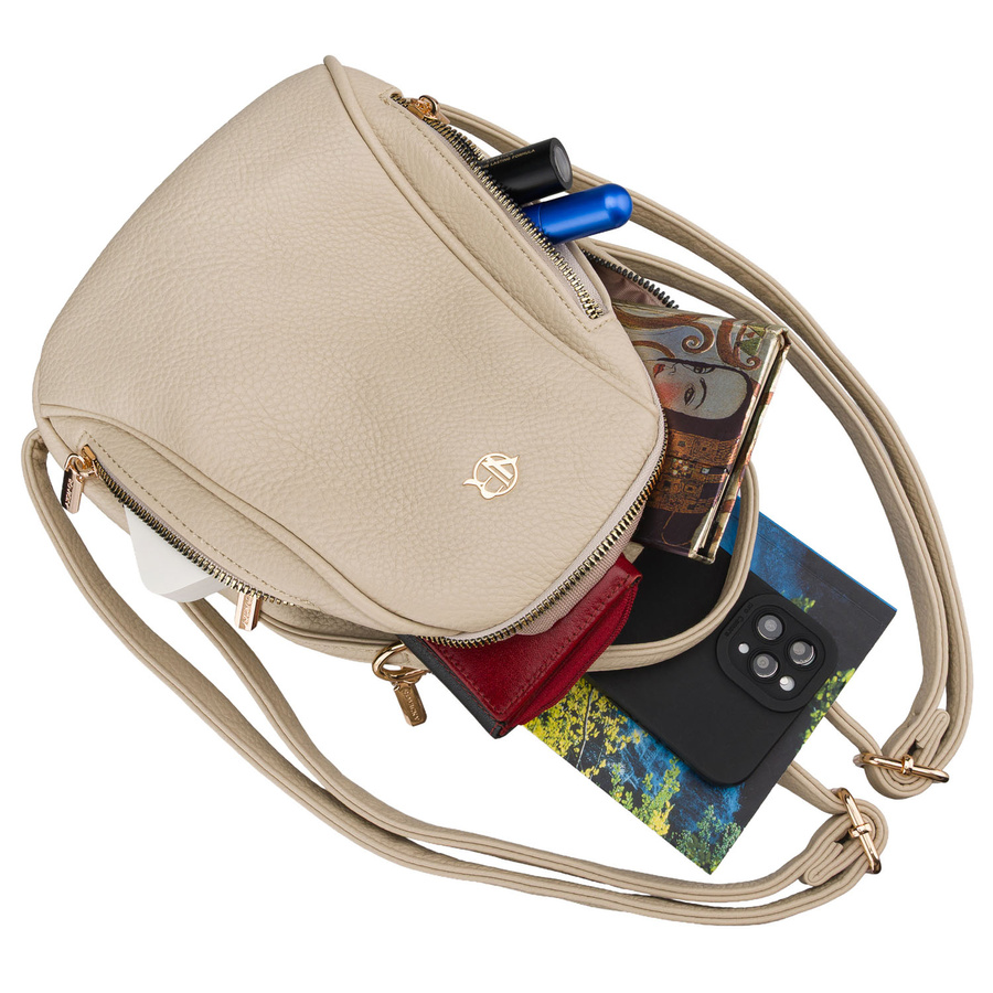 Mały plecak damski ze skóry ekologicznej w jasnobeżowym kolorze - Rovicky