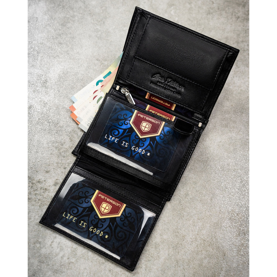 Skórzany portfel męski w czarnym kolorze w orientacji pionowej bez zapięcia zewnętrznego - Peterson