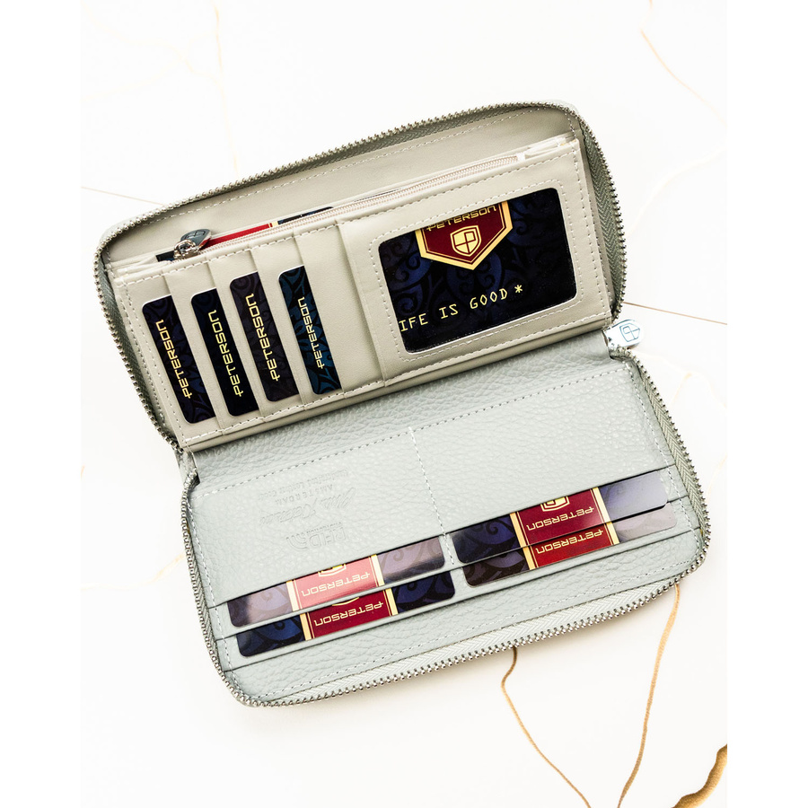 Szary portfel damski w typie piórnika w roślinny wzór, wykonany ze skóry naturalnej i ekologicznej - Peterson