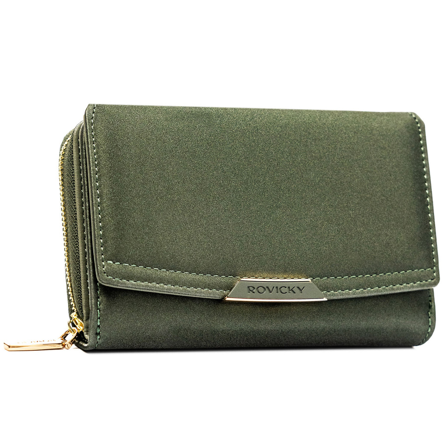 Portfel damski ze skóry ekologicznej w zielonym kolorze, zamykany na zatrzask - Rovicky