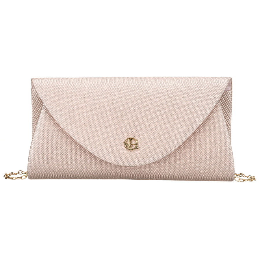 Beżowa, brokatowa kopertówka damska wykonana z tkaniny syntetycznej, zapinana klipsem magnetycznym - Rovicky