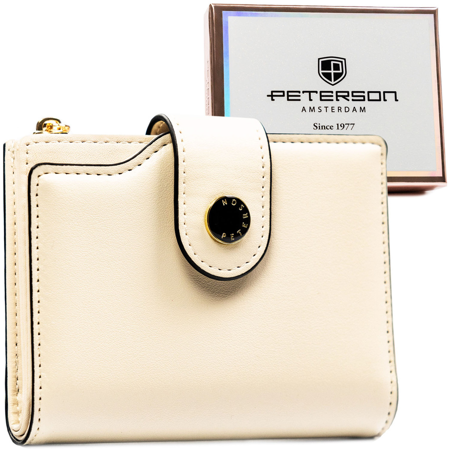 Średni portfel damski ze skóry ekologicznej w beżowym kolorze, mieści dowód rejestracyjny - Peterson