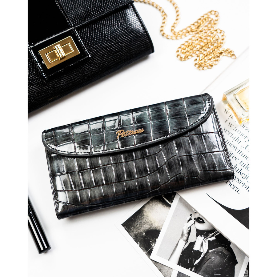 Szary portfel damski ze skóry ekologicznej z tłoczeniem na wzór skóry krokodyla, zamykany na zatrzask magnetyczny - Peterson