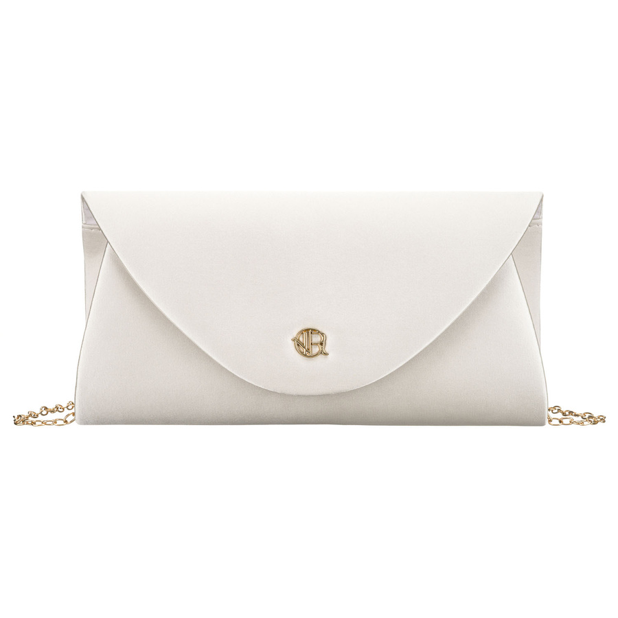 Biała kopertówka damska wykonana z tkaniny syntetycznej zawieszona na łańcuszku - Rovicky