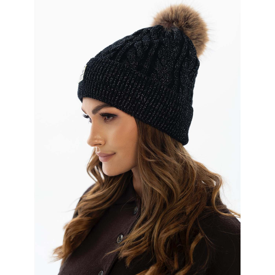 Czarna wywinięta czapka damska z pomponem - Peterson