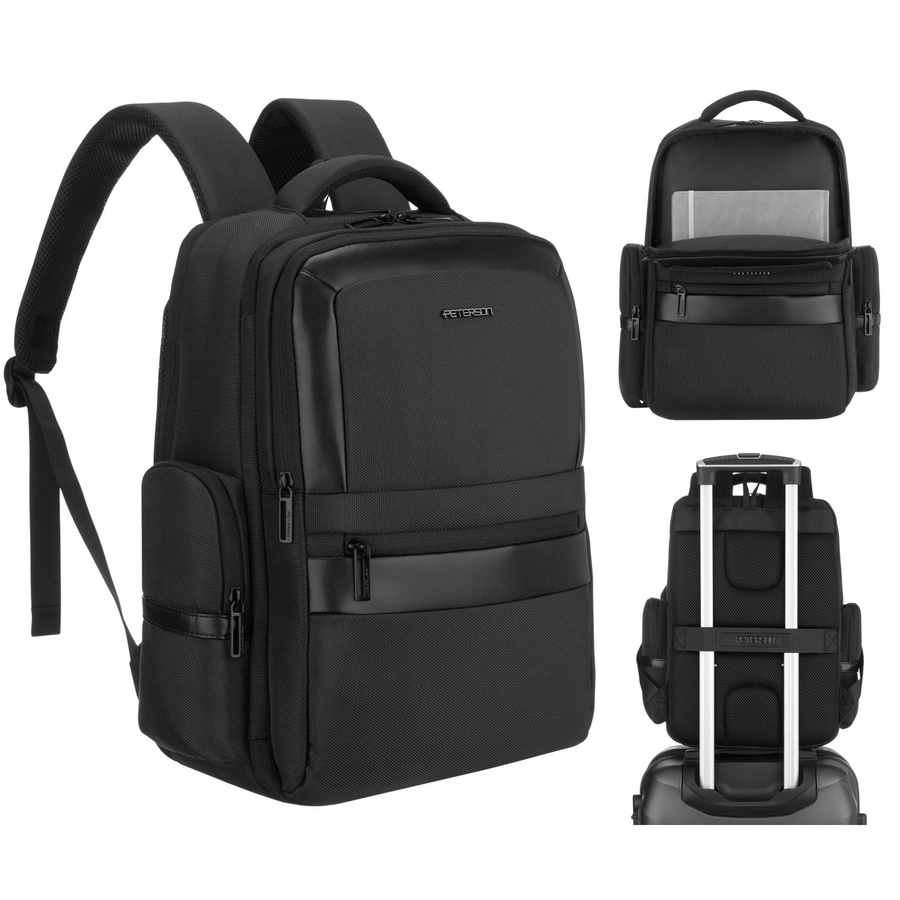 Plecak podróżny z poliestru w czarnym kolorze zawieszony na regulowanych szelkach - Peterson