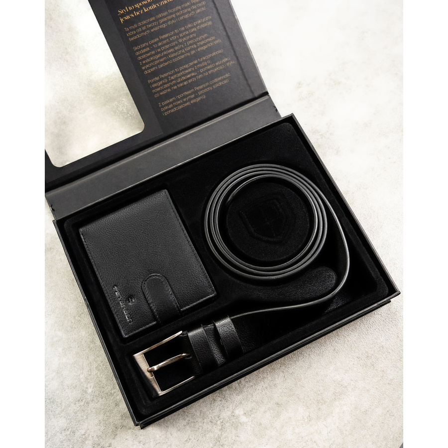 Zestaw prezentowy: skórzany, poziomy portfel męski w czarnym kolorze z systemem RFID i pasek ze skóry ekologicznej - Peterson