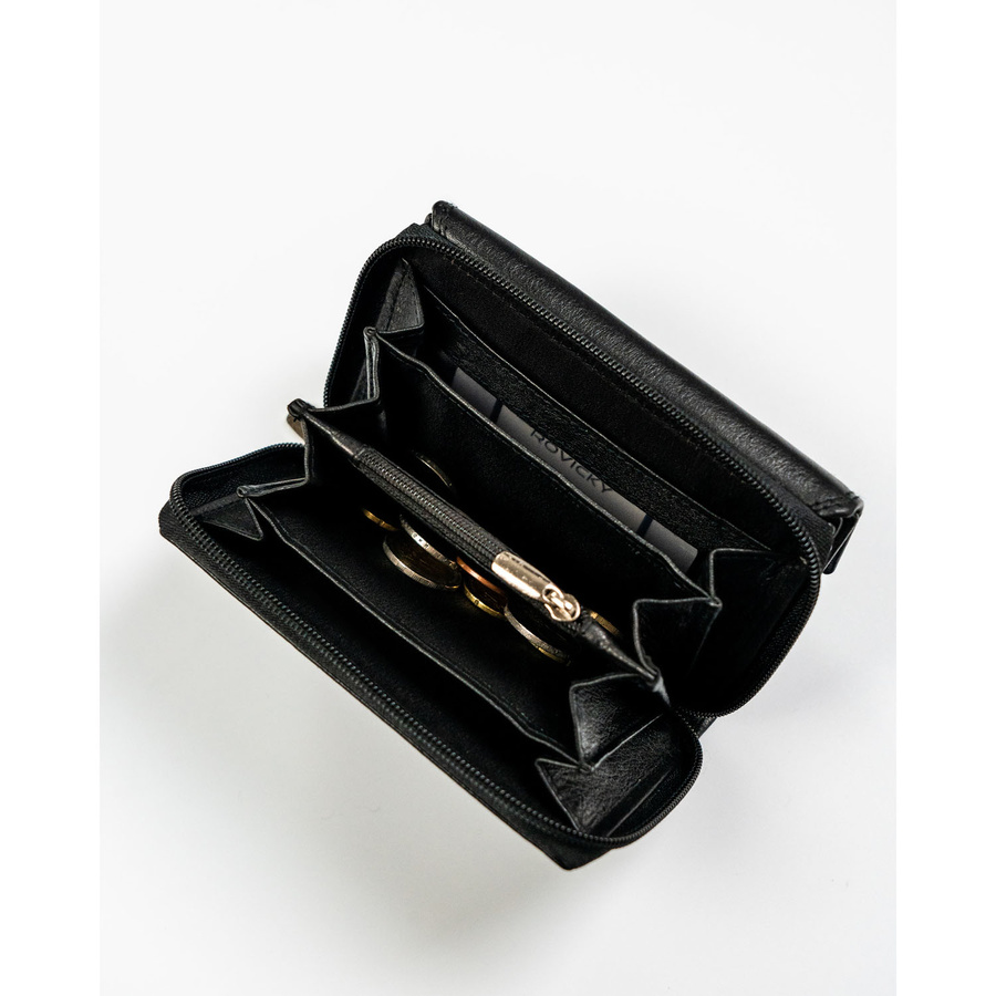 Modny, skórzany portfel damski na zatrzask w czarnym kolorze - Rovicky
