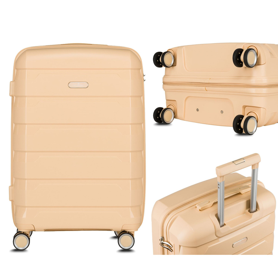 Beżowa walizka z polipropylenu z wysuwaną, teleskopową rączką i zamkiem szyfrowanym - Peterson