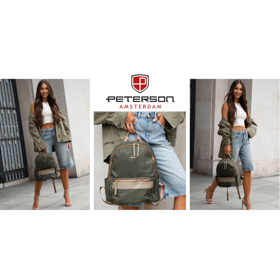 Zielony, miejski plecak damski z poliestru zamykany suwakami - Peterson