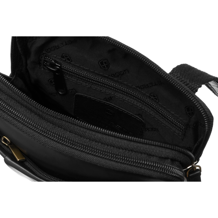 Dwukomorowa, czarna listonoszka męska ze skóry naturalnej zawieszona na regulowanym pasku - Peterson