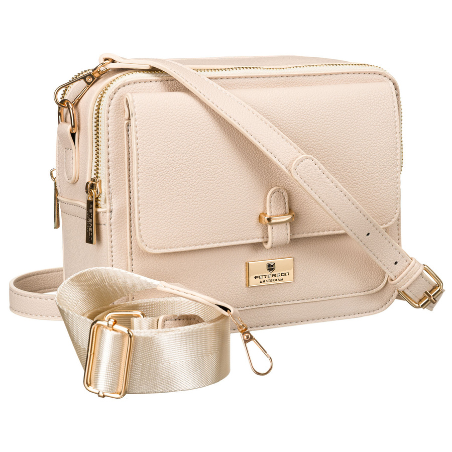 Listonoszka damska ze skóry ekologicznej w beżowym kolorze zapinana na magnes i suwak - Peterson