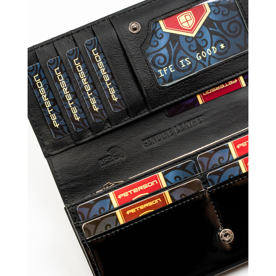 Duży, czarny portfel damski z lakierowanej skóry naturalnej - 4U Cavaldi