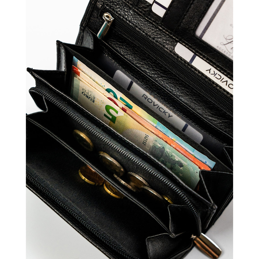 Czarny, skórzany portfel damski z systemem RFID - Rovicky