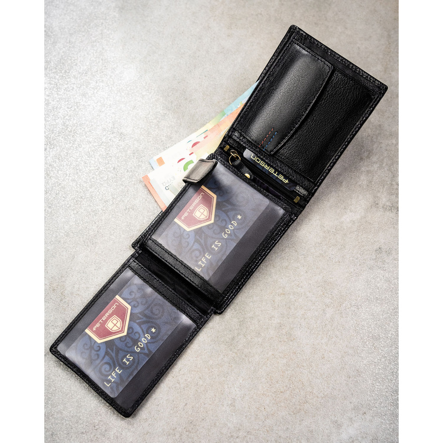 Poziomy portfel męski ze skóry naturalnej w czarnym kolorze w zestawie z brelokiem - Peterson