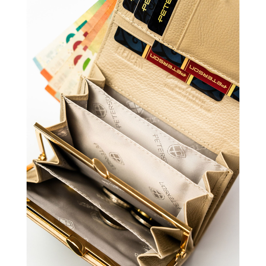 Beżowy, pojemny portfel damski ze skóry naturalnej i ekologicznej z systemem RFID - Peterson