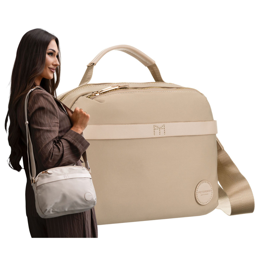 Listonoszka damska z nylonu w beżowym kolorze, jednokomorowa i zamykana suwakiem - Peterson