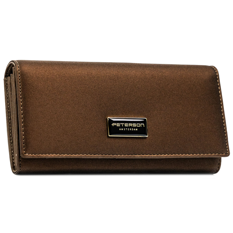 Portfel damski ze skóry naturalnej i ekologicznej w brązowym kolorze, wyposażony w system RFID - Peterson