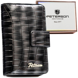 Szary portfel damski ze skóry ekologicznej z tłoczeniem na wzór skóry krokodyla, zamykany na zatrzask i suwak - Peterson