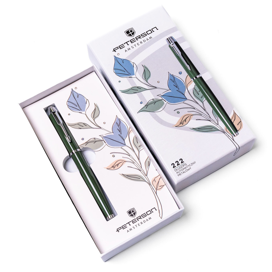 Zielono-srebrny długopis metalowy z czarnym wkładem - Peterson